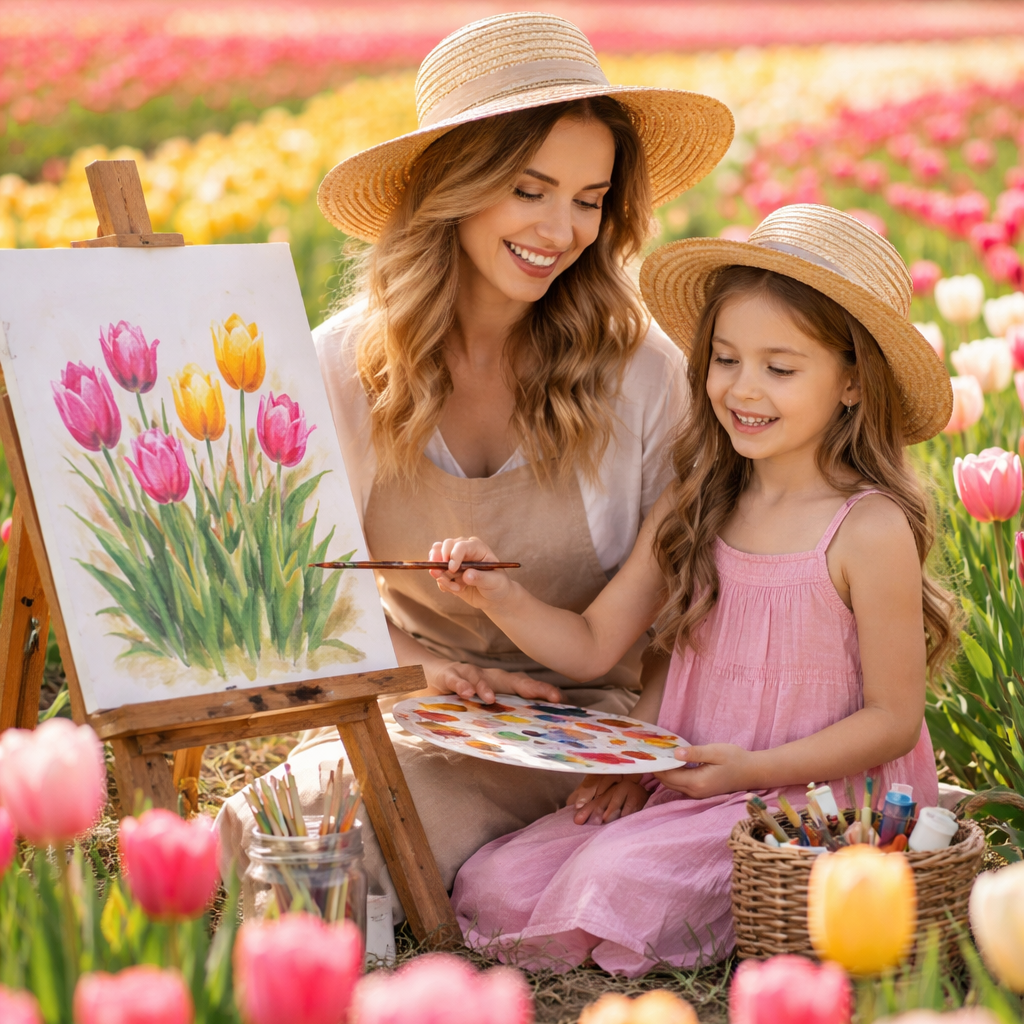 Woman and child painting together in a tulip field