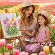 Woman and child painting together in a tulip field
