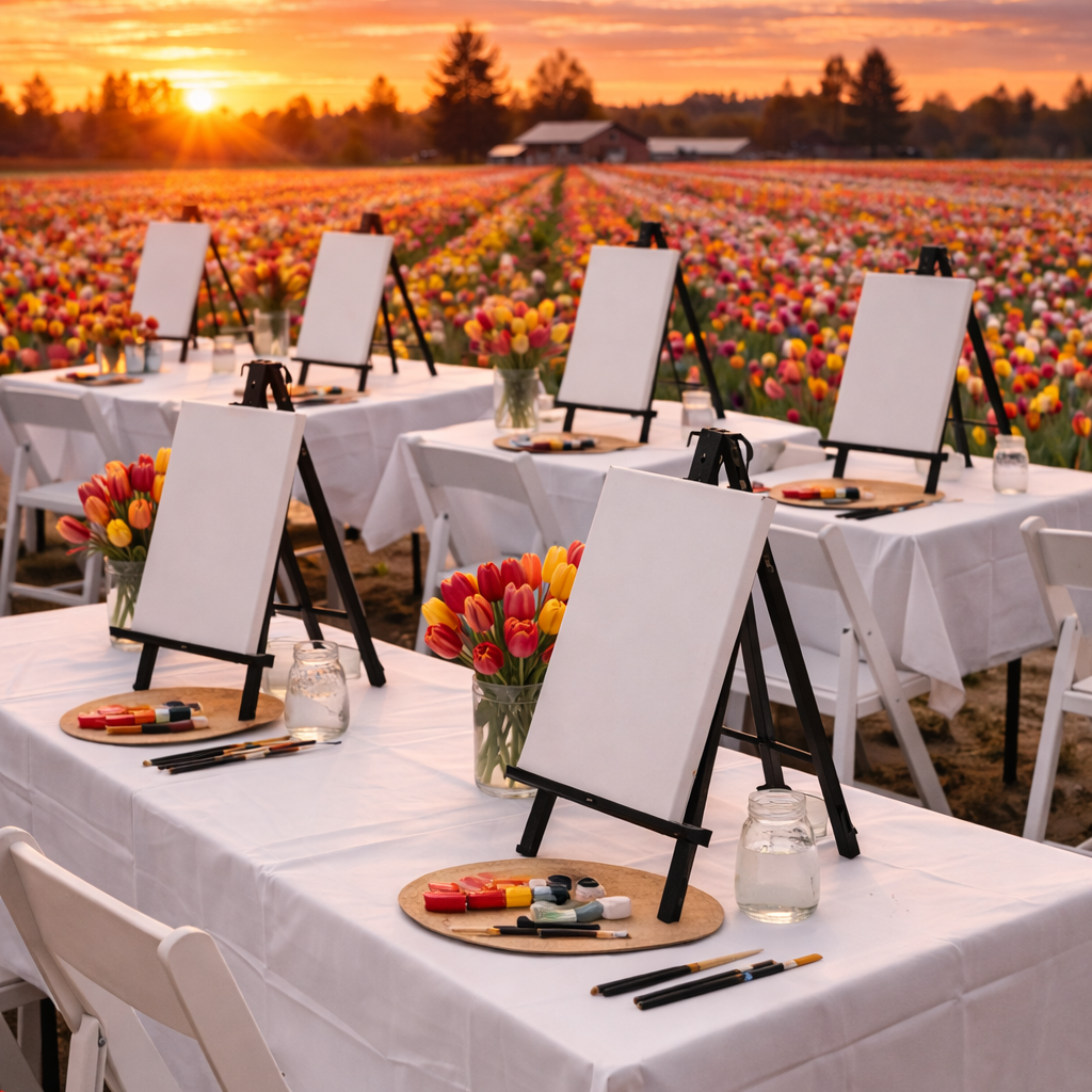 Table setup with art supplies against a sunset over a field of flowers